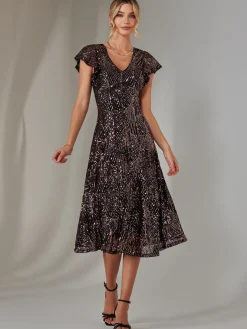 Sequin V Neck FIt & Flare Midaxi Dress, Black Rose Gold