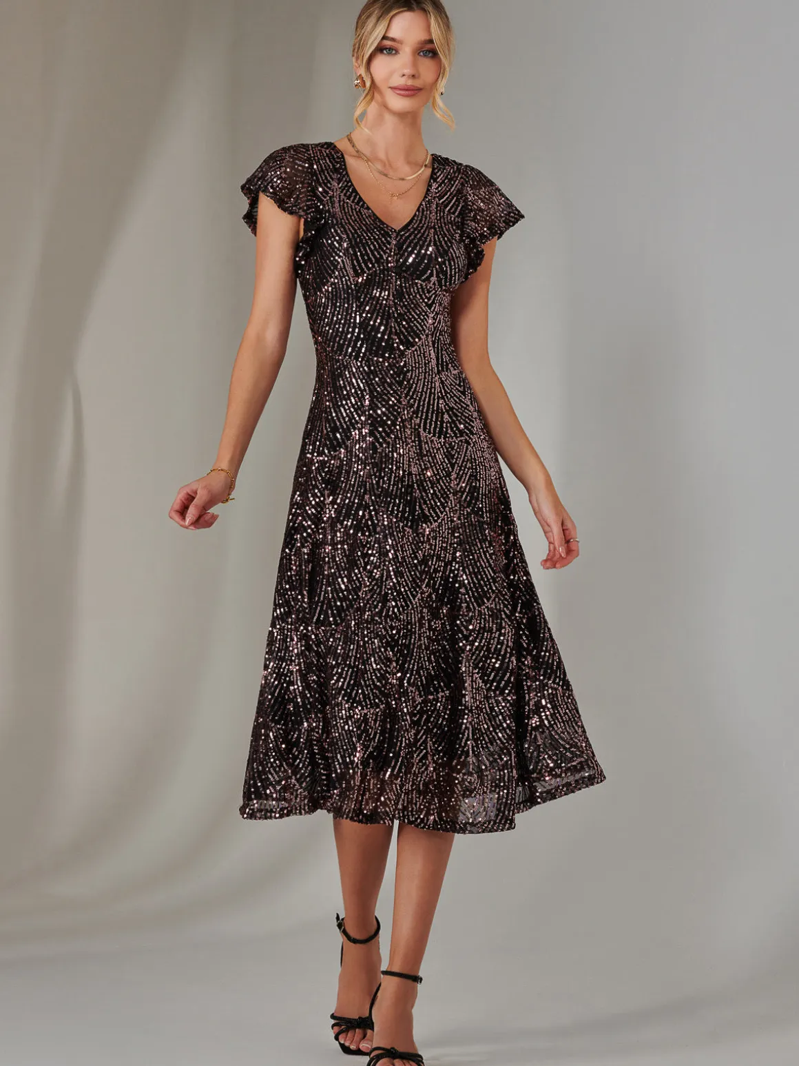Sequin V Neck FIt & Flare Midaxi Dress, Black Rose Gold