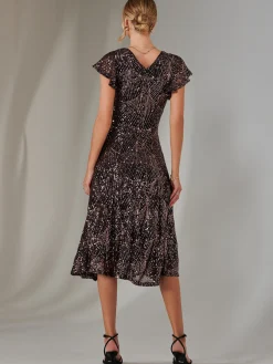 Sequin V Neck FIt & Flare Midaxi Dress, Black Rose Gold