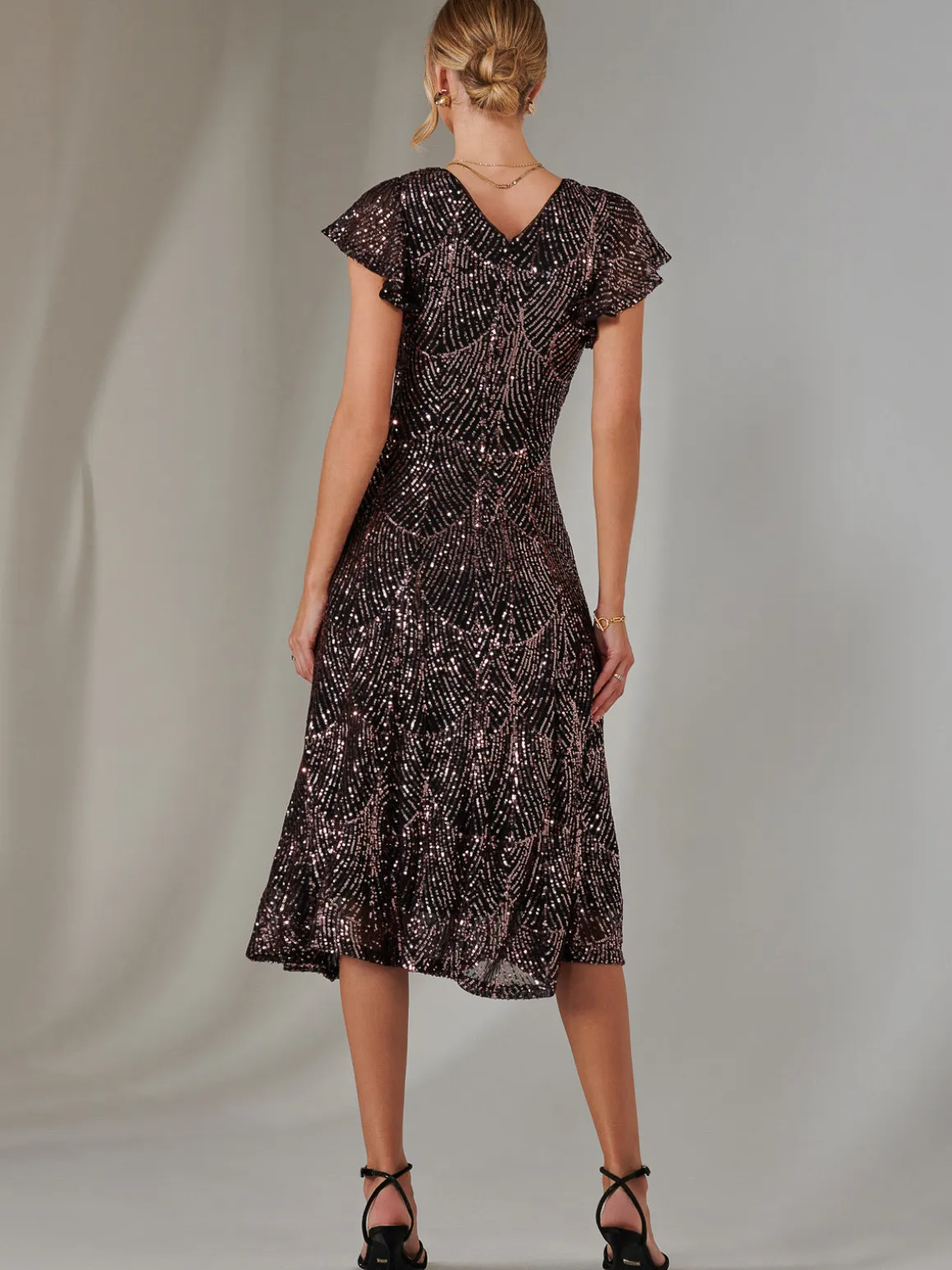Sequin V Neck FIt & Flare Midaxi Dress, Black Rose Gold