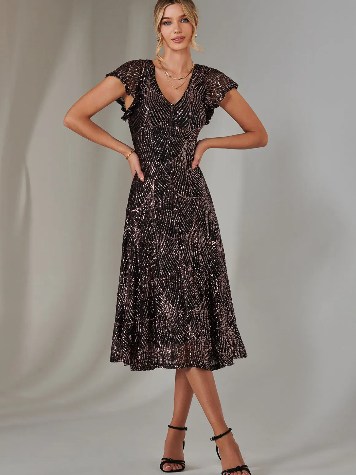 Sequin V Neck FIt & Flare Midaxi Dress, Black Rose Gold