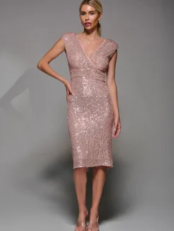 Sequin Wrap Bodice Shoulder Pad Midi Dress, Rose Pink