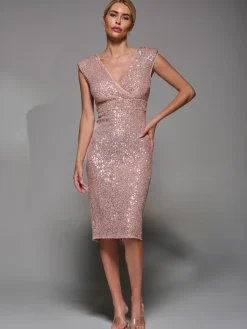 Sequin Wrap Bodice Shoulder Pad Midi Dress, Rose Pink