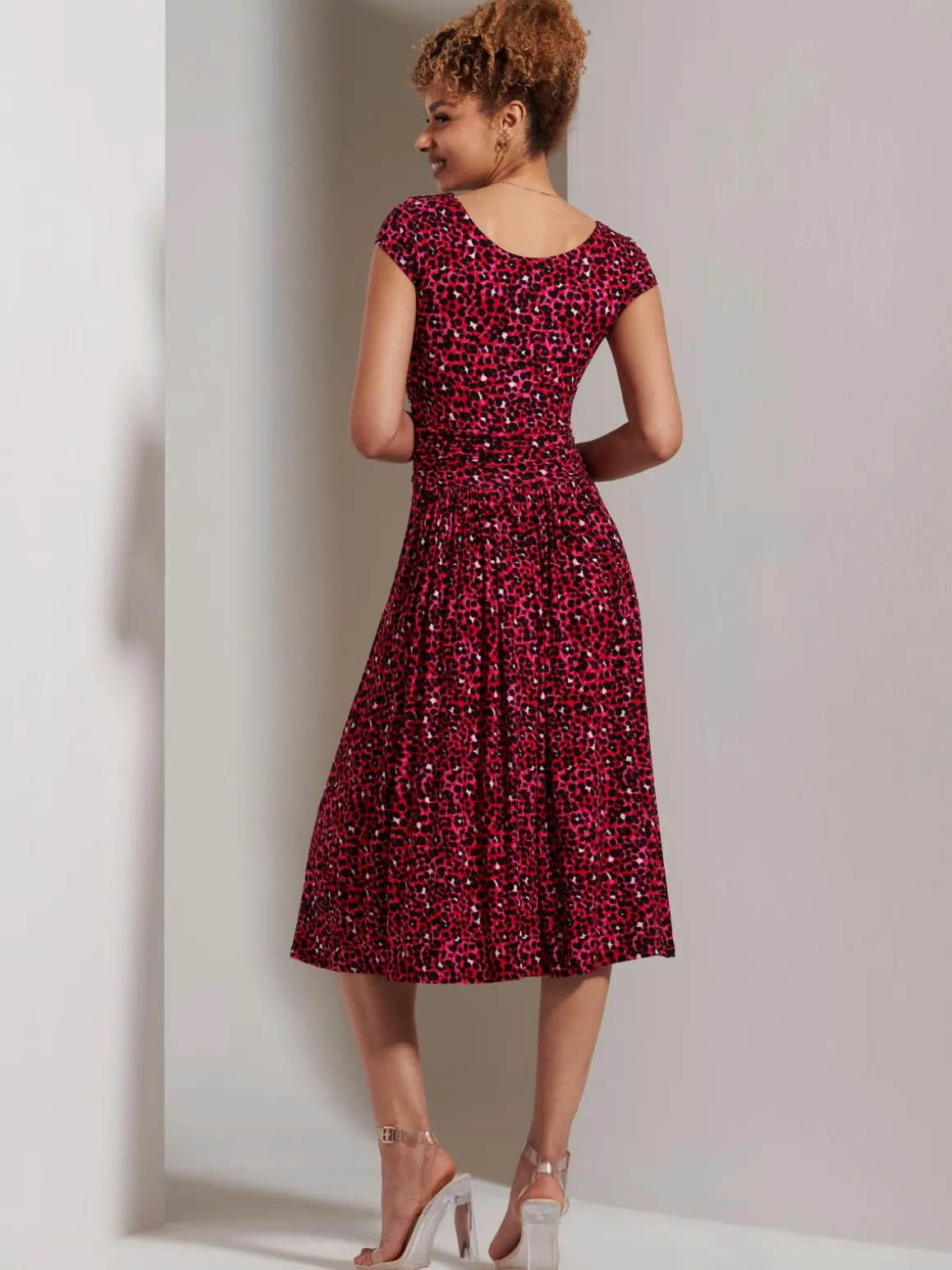 Shanaz Cap Sleeve Midi Dress, Pink Animal