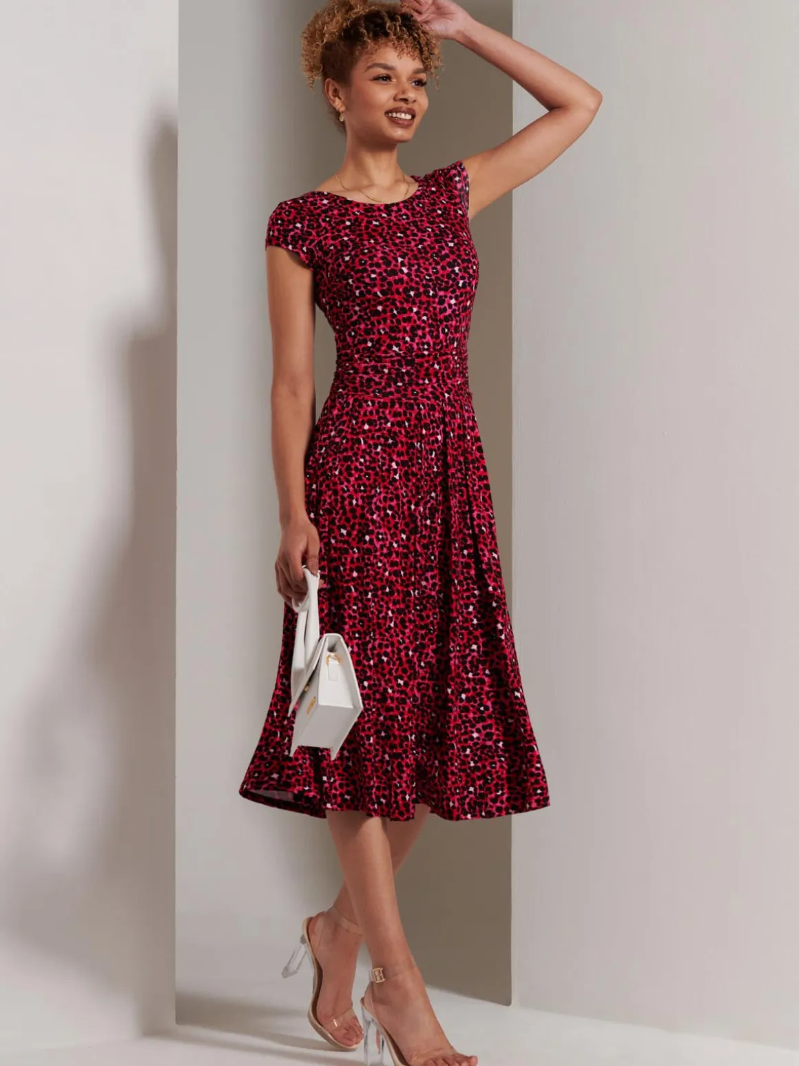 Shanaz Cap Sleeve Midi Dress, Pink Animal