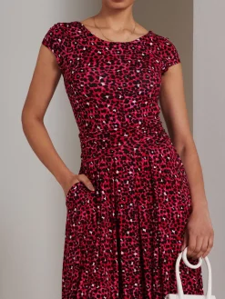 Shanaz Cap Sleeve Midi Dress, Pink Animal