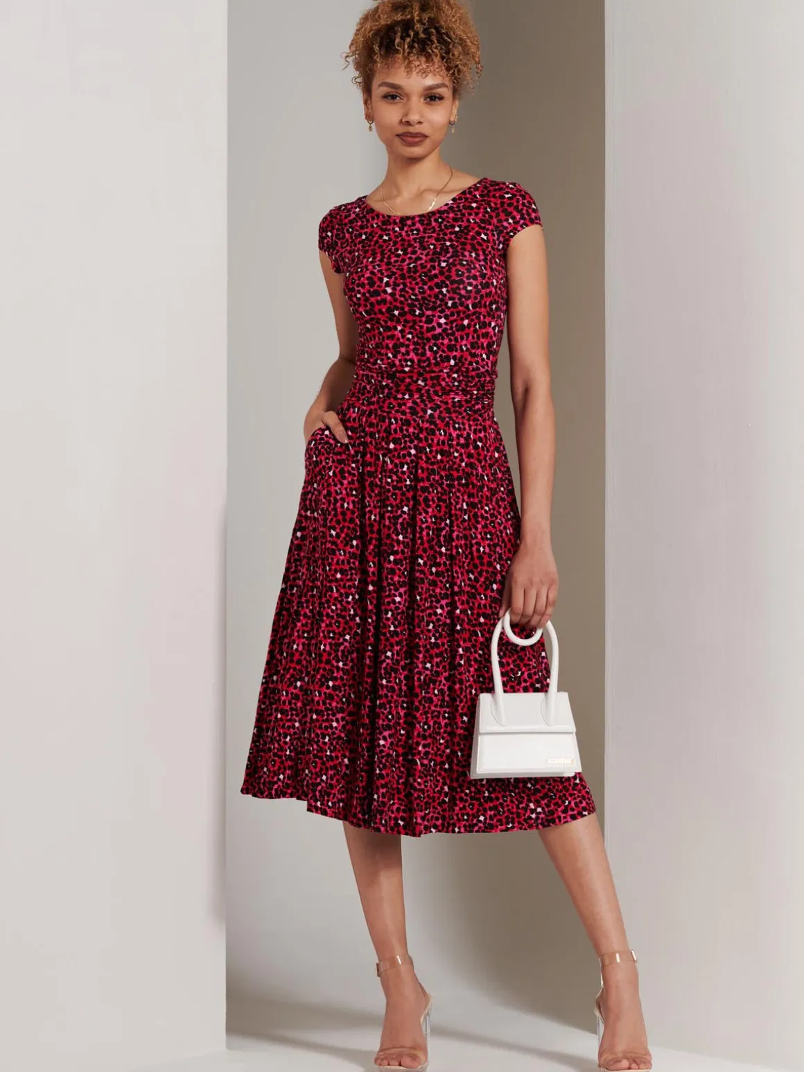Shanaz Cap Sleeve Midi Dress, Pink Animal