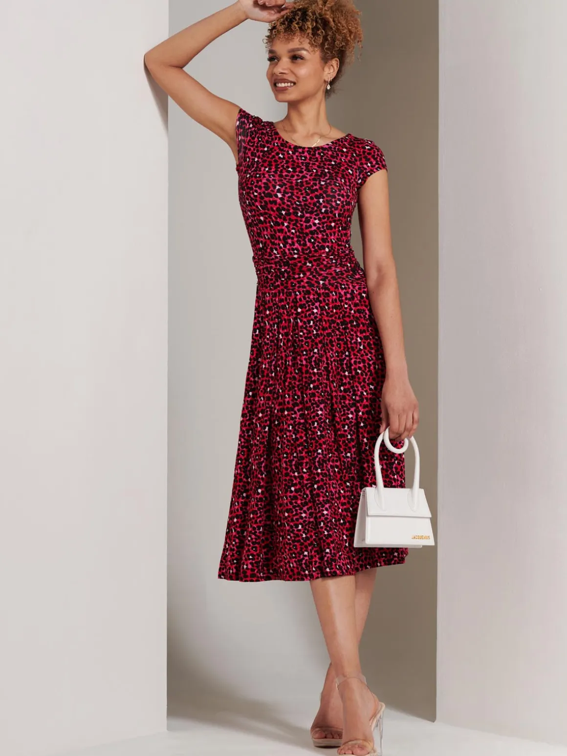Shanaz Cap Sleeve Midi Dress, Pink Animal