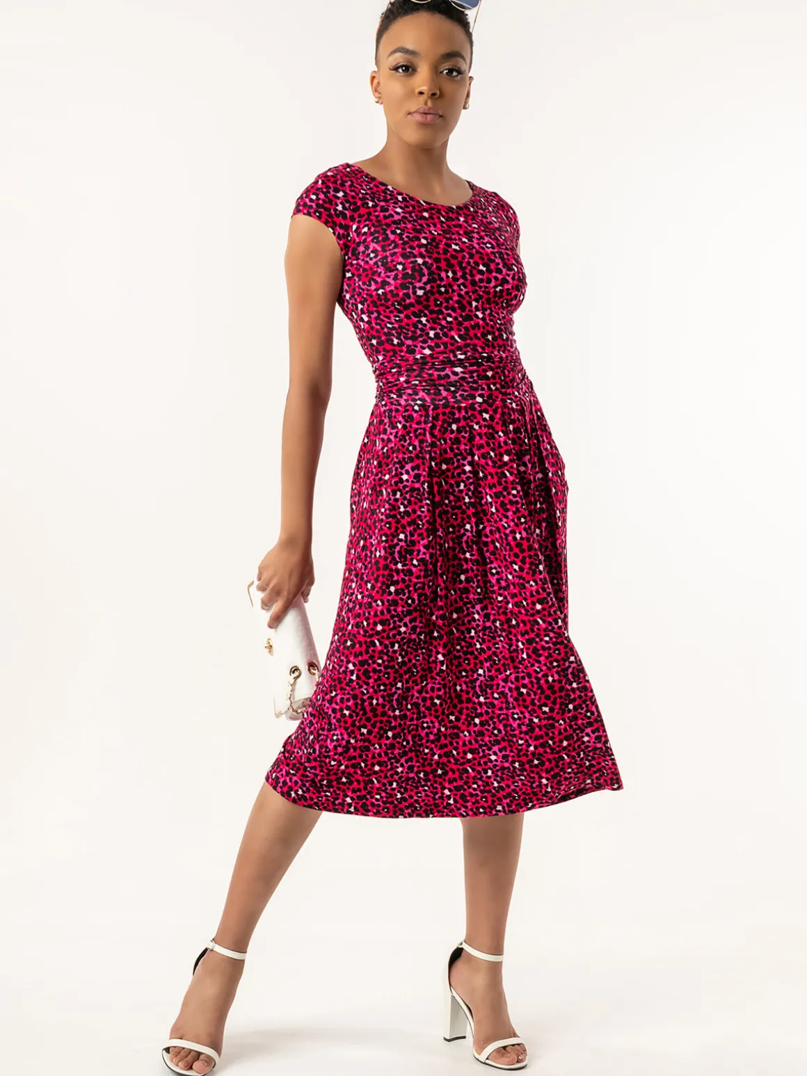 Shanaz Cap Sleeve Midi Dress, Pink Animal