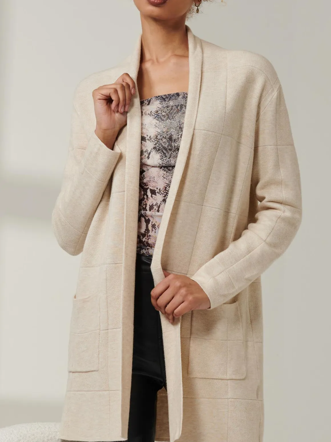 Shawl Collar Check Knit Cardigan, Beige Heather