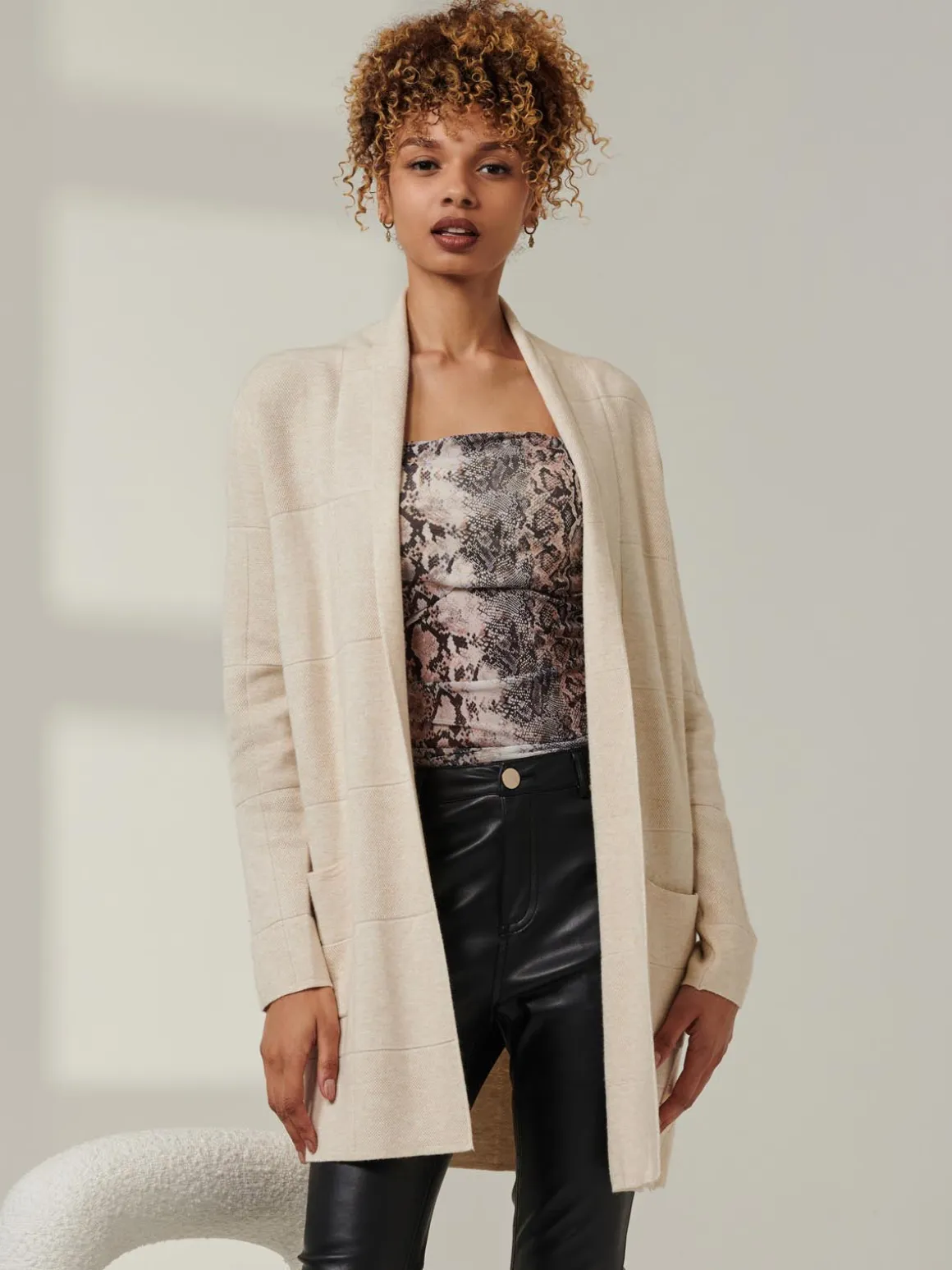Shawl Collar Check Knit Cardigan, Beige Heather