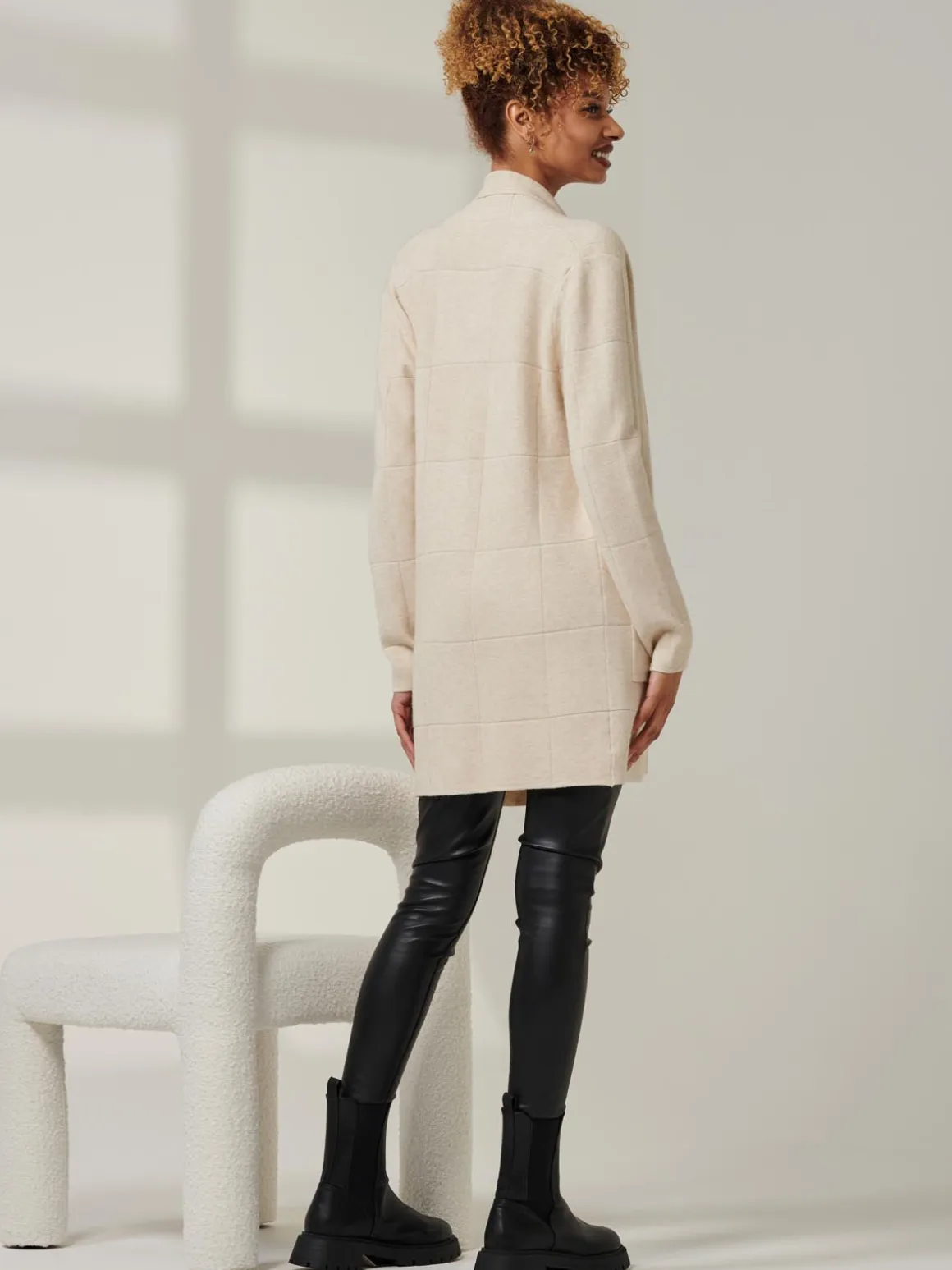 Shawl Collar Check Knit Cardigan, Beige Heather