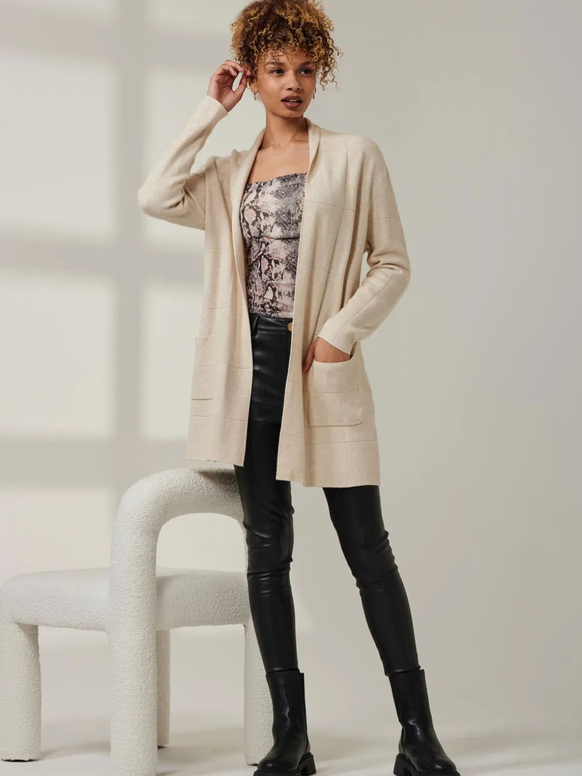 Shawl Collar Check Knit Cardigan, Beige Heather