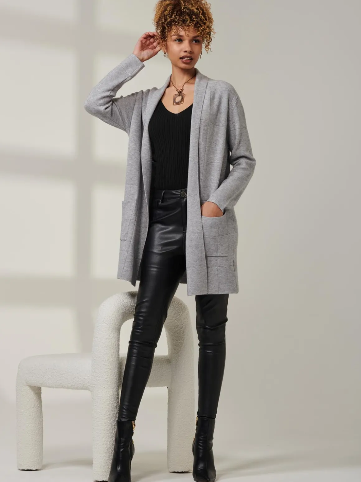 Shawl Collar Check Knit Cardigan, Grey Heather