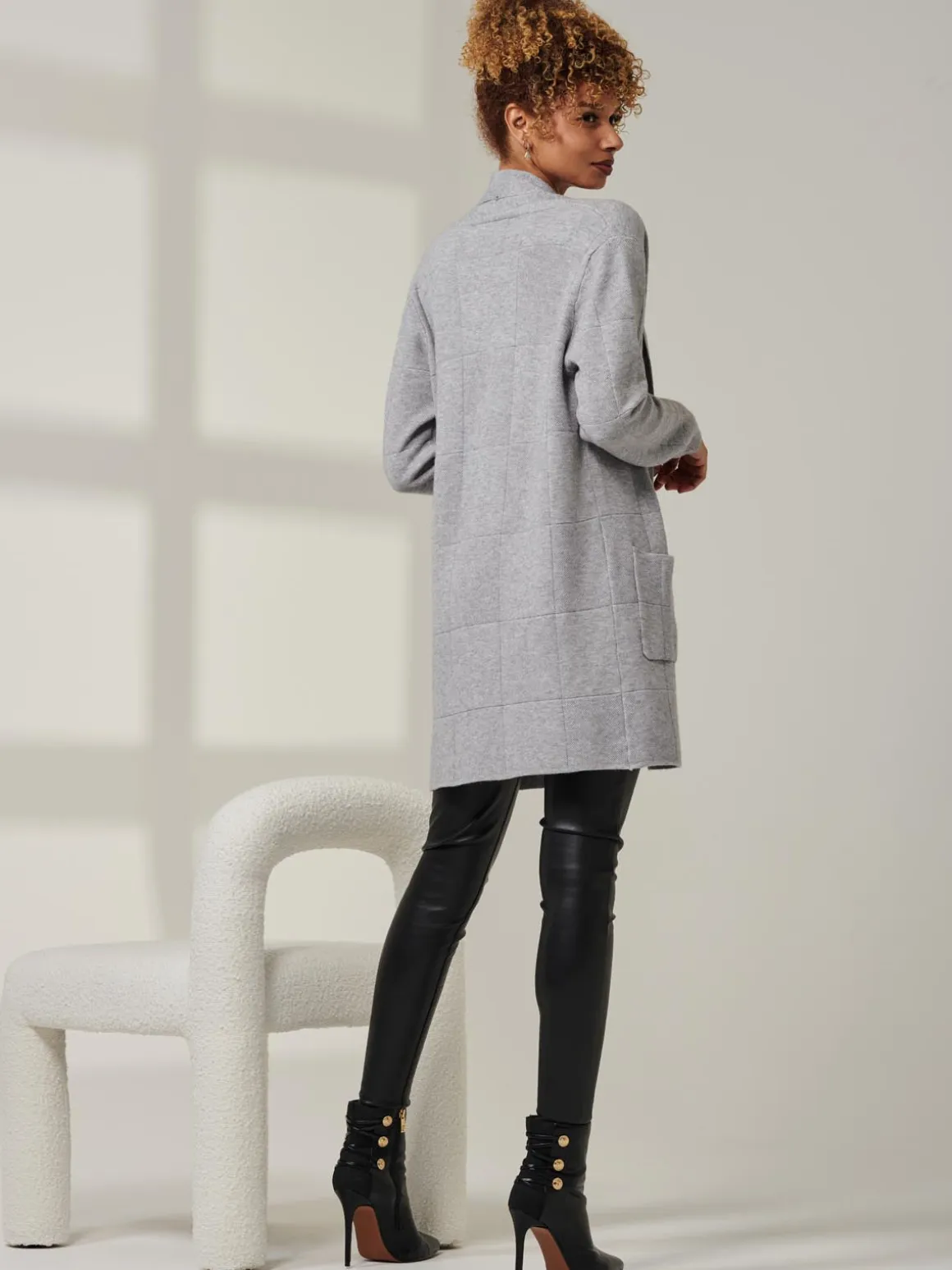 Shawl Collar Check Knit Cardigan, Grey Heather