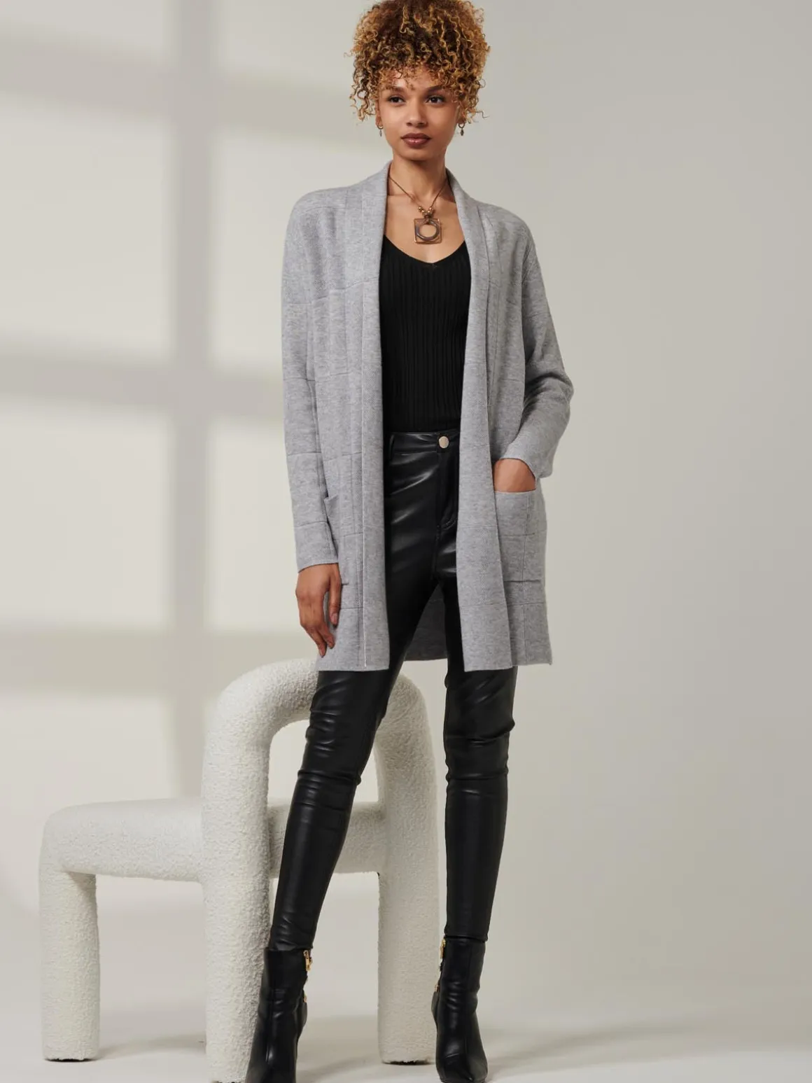 Shawl Collar Check Knit Cardigan, Grey Heather