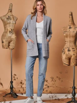 Shawl Collar Check Knit Cardigan, Grey Heather