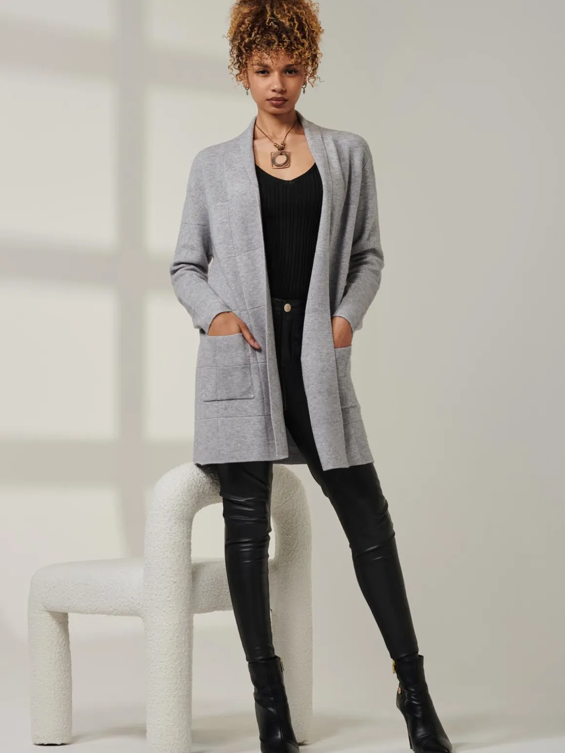 Shawl Collar Check Knit Cardigan, Grey Heather