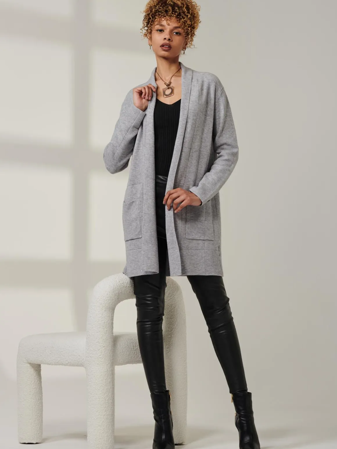 Shawl Collar Check Knit Cardigan, Grey Heather