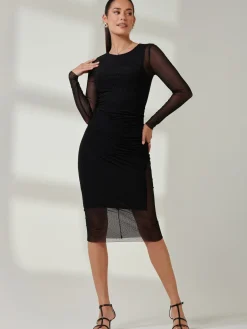 Sheer Long Sleeve Midi Dress, Black