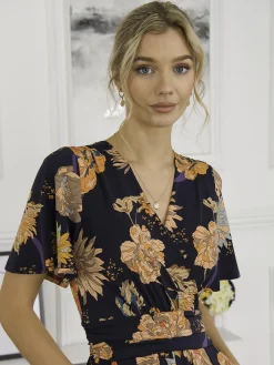 Sherya Jersey Angel Sleeve Maxi Dress, Navy Orange Floral