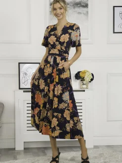 Sherya Jersey Angel Sleeve Maxi Dress, Navy Orange Floral