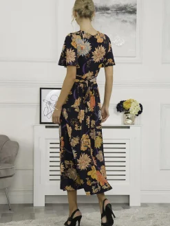 Sherya Jersey Angel Sleeve Maxi Dress, Navy Orange Floral