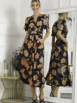 Sherya Jersey Angel Sleeve Maxi Dress, Navy Orange Floral
