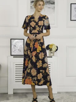 Sherya Jersey Angel Sleeve Maxi Dress, Navy Orange Floral