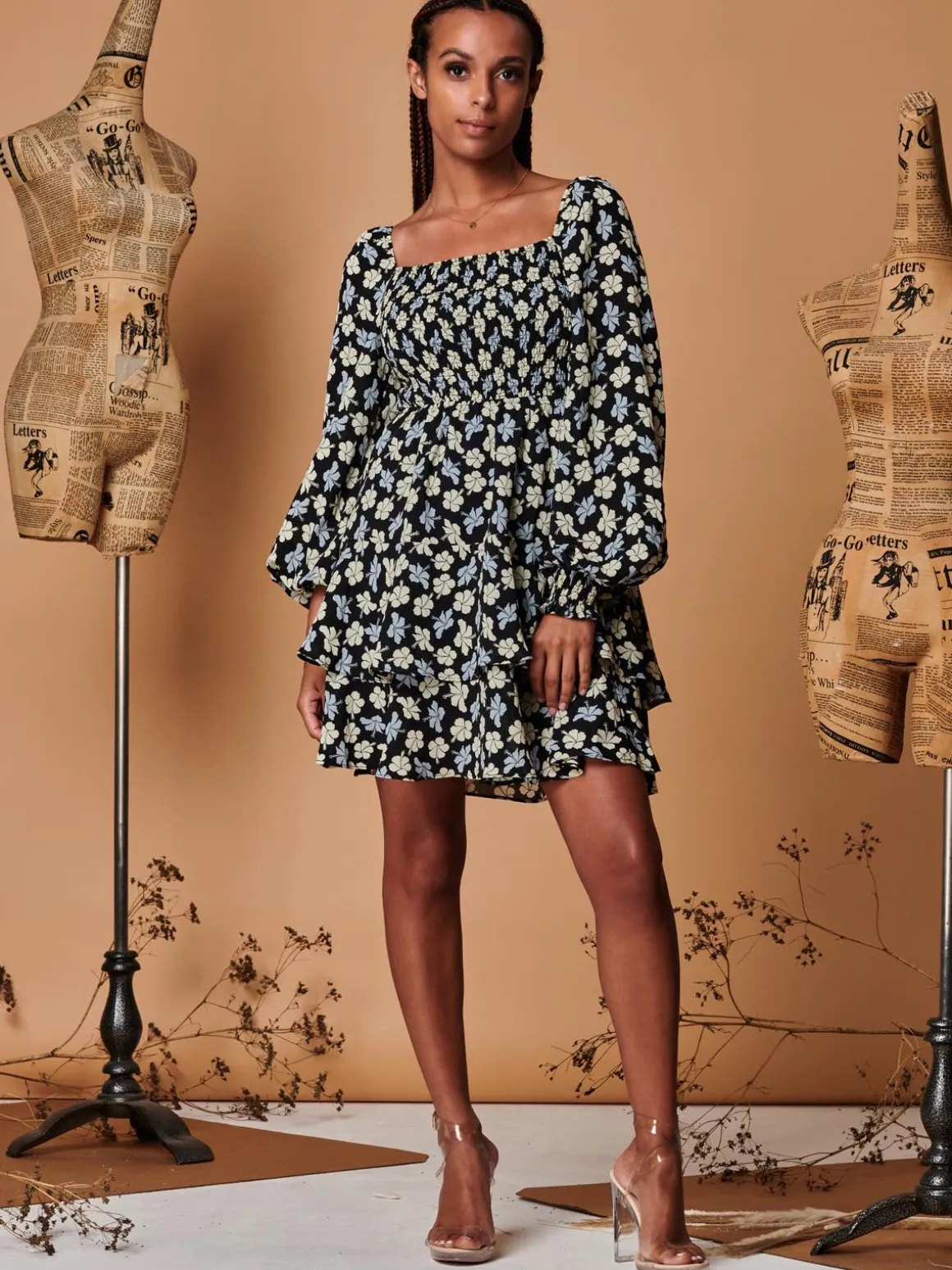 Shirred Bodice Mini Smock Dress, Black Multi