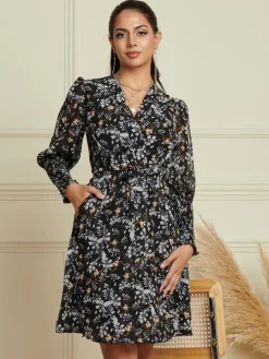 Shirred Cuff Tie Waist Dress, Navy Floral