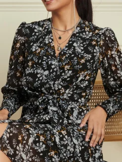 Shirred Cuff Tie Waist Dress, Navy Floral