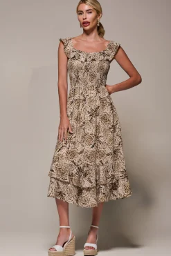 Shirred Ruffle Sleeve Tiered Midi Dress, Brown Abstract