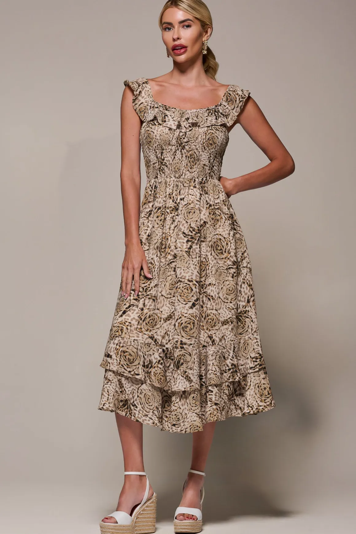 Shirred Ruffle Sleeve Tiered Midi Dress, Brown Abstract