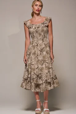 Shirred Ruffle Sleeve Tiered Midi Dress, Brown Abstract