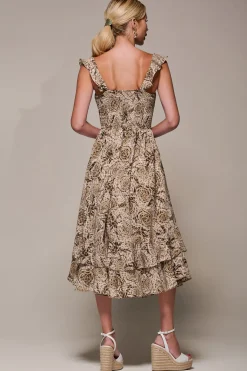 Shirred Ruffle Sleeve Tiered Midi Dress, Brown Abstract