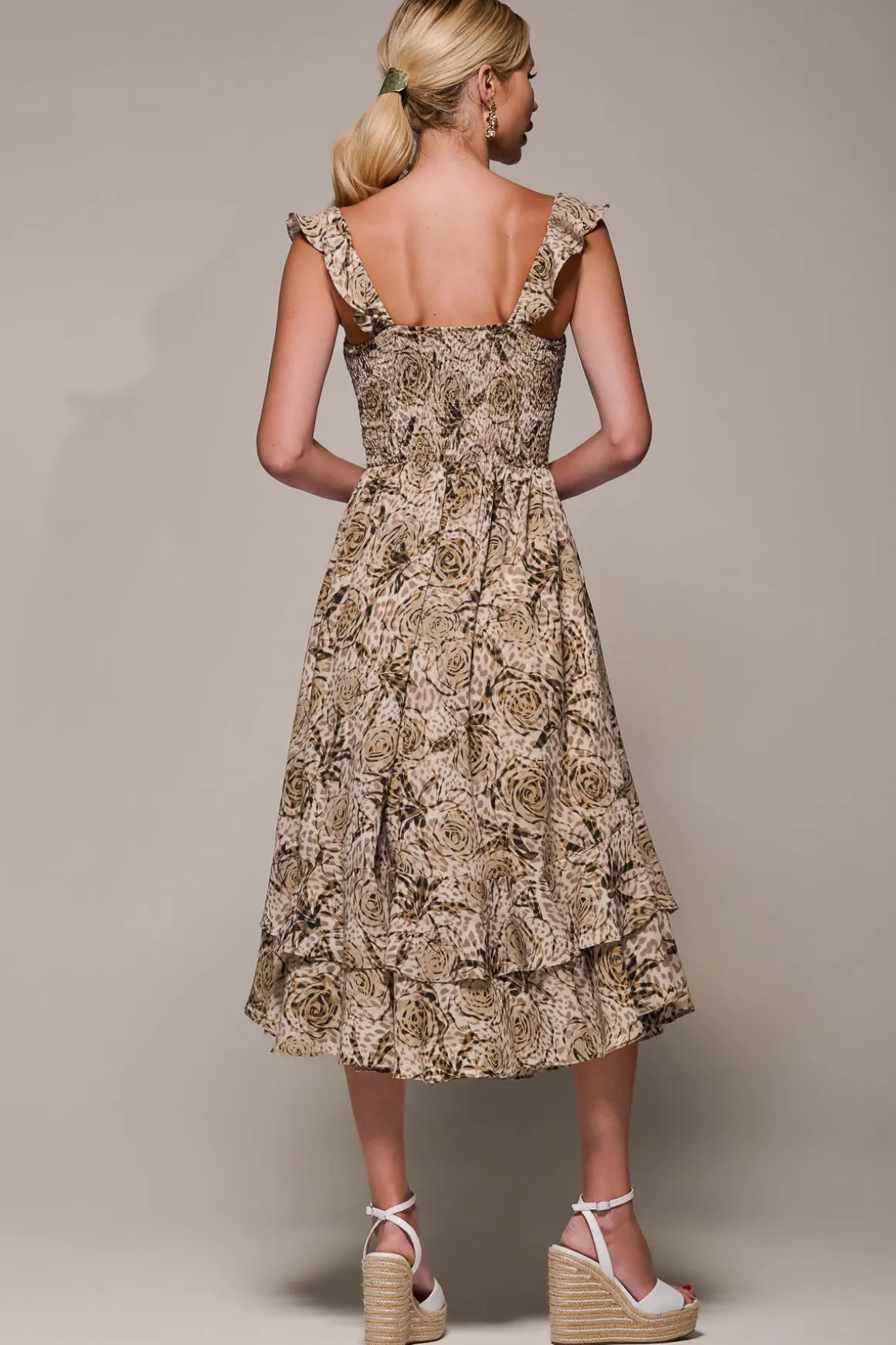 Shirred Ruffle Sleeve Tiered Midi Dress, Brown Abstract