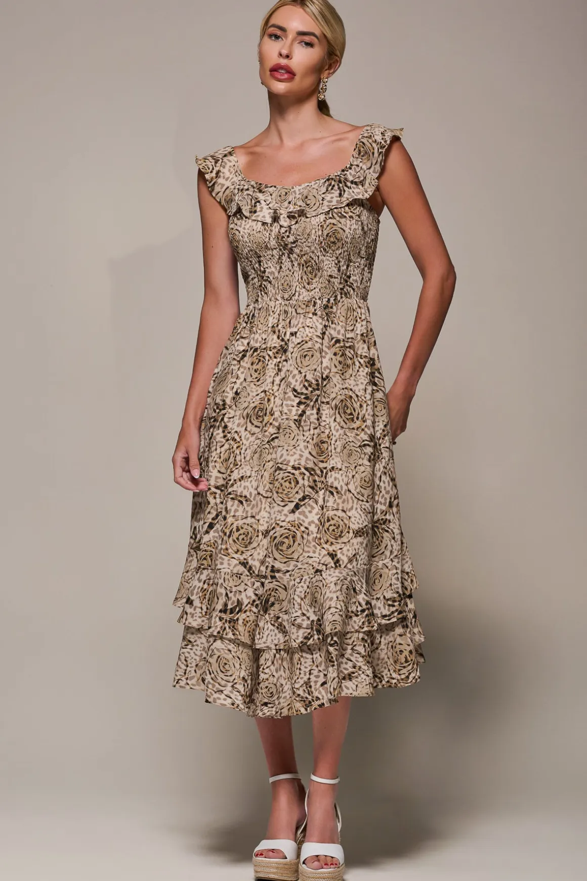 Shirred Ruffle Sleeve Tiered Midi Dress, Brown Abstract