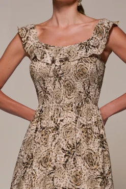 Shirred Ruffle Sleeve Tiered Midi Dress, Brown Abstract