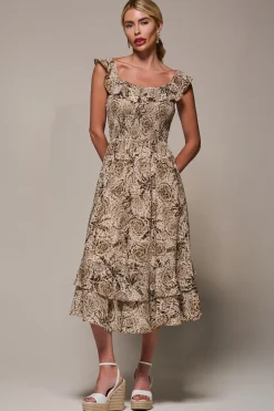 Shirred Ruffle Sleeve Tiered Midi Dress, Brown Abstract