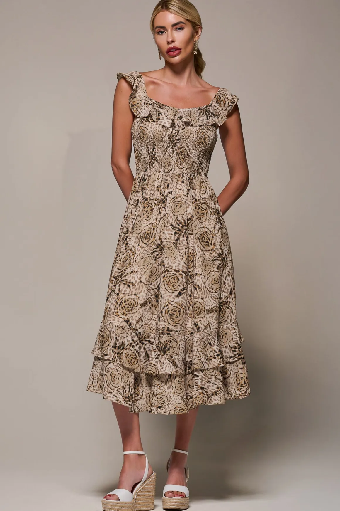 Shirred Ruffle Sleeve Tiered Midi Dress, Brown Abstract