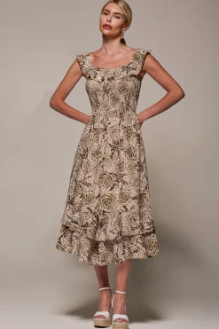 Shirred Ruffle Sleeve Tiered Midi Dress, Brown Abstract