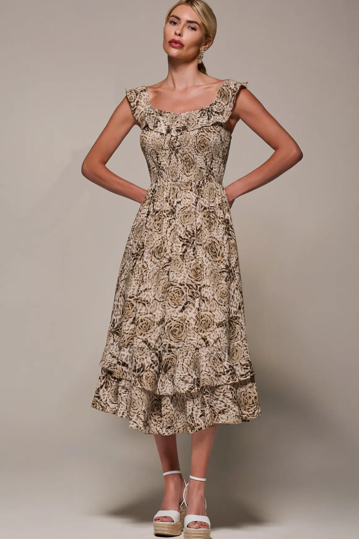 Shirred Ruffle Sleeve Tiered Midi Dress, Brown Abstract