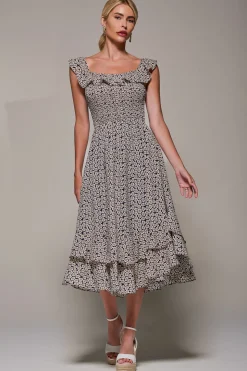 Shirred Ruffle Sleeve Tiered Midi Dress, Navy Floral