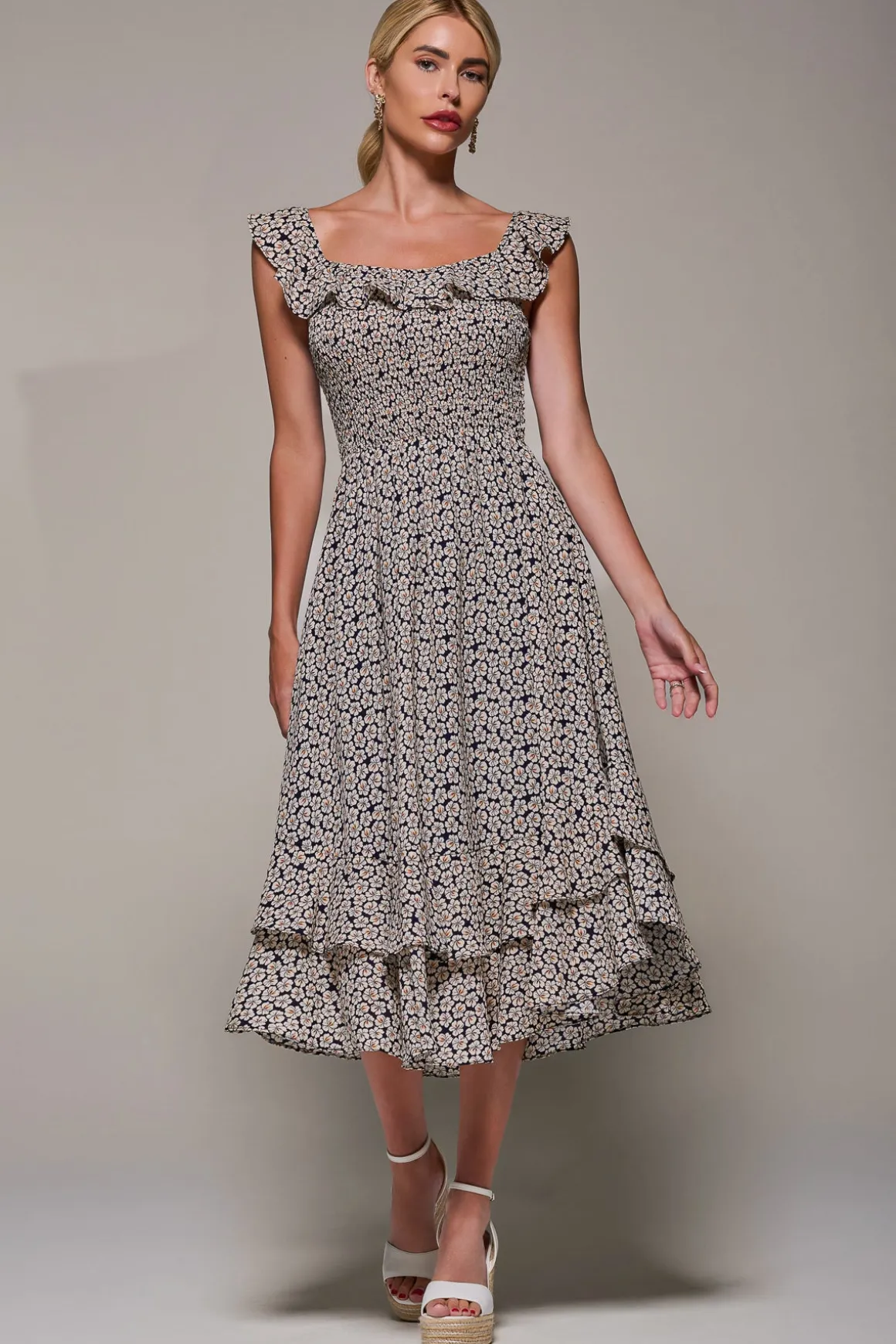 Shirred Ruffle Sleeve Tiered Midi Dress, Navy Floral