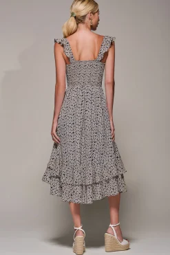 Shirred Ruffle Sleeve Tiered Midi Dress, Navy Floral