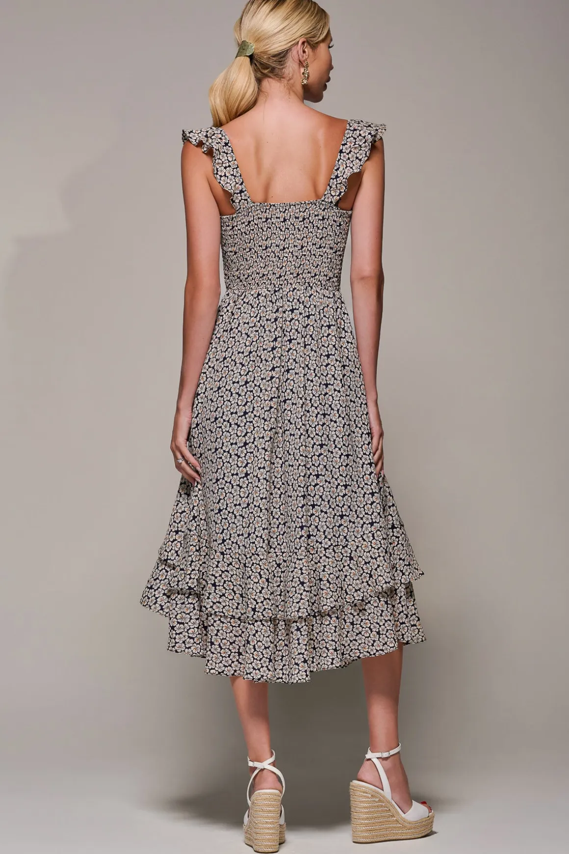 Shirred Ruffle Sleeve Tiered Midi Dress, Navy Floral