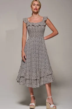 Shirred Ruffle Sleeve Tiered Midi Dress, Navy Floral