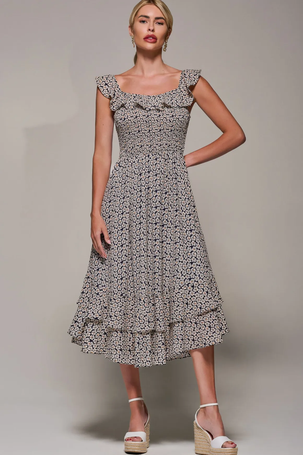 Shirred Ruffle Sleeve Tiered Midi Dress, Navy Floral
