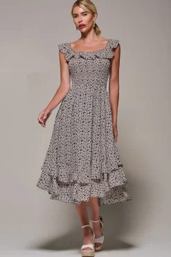 Shirred Ruffle Sleeve Tiered Midi Dress, Navy Floral